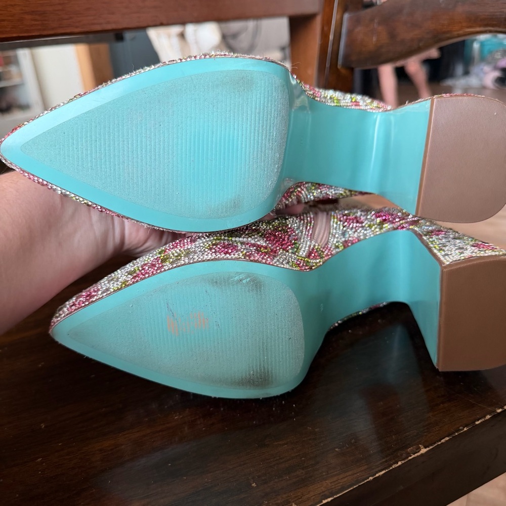 Betsey Johnson Della Pink Floral rhinestone Platform Boot with Teal Heel - Picture 6 of 16
